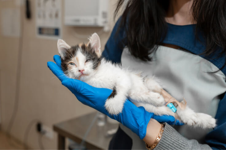 kitten sleeping on vets hand